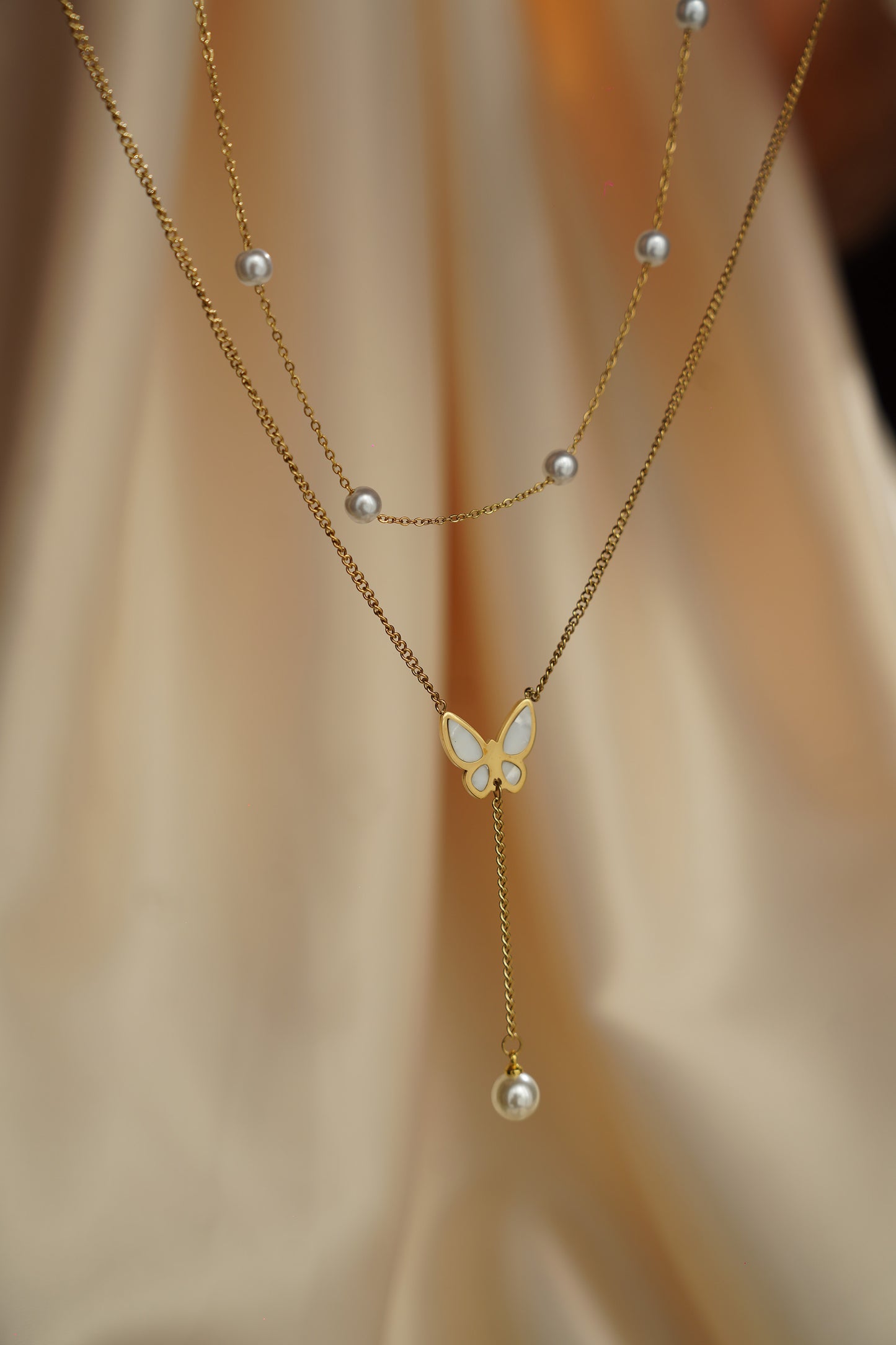 Celeste Butterfly & Pearl Duo Necklace