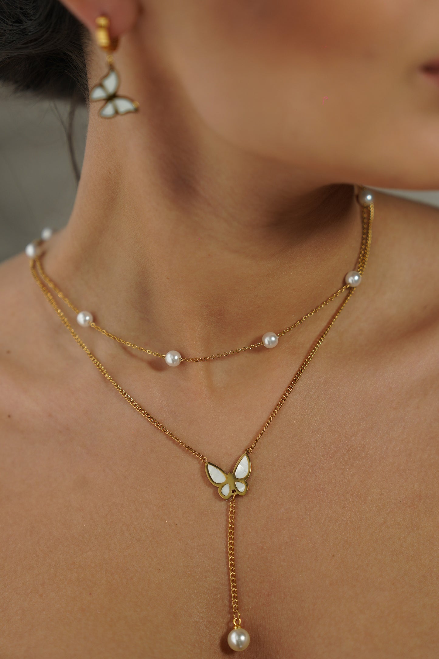 Celeste Butterfly & Pearl Duo Necklace